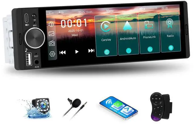 Main image of Single Din Car Radio with Wireless CarPlay & Android Auto,6.28 Inch HD IPS Touchscreen Single Din Stereo with Bluetooth Backup Camera,Car Radio Supports Bluetooth/SWC/FM Radio/USB/TF