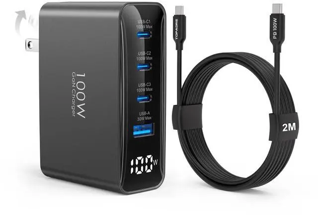 Main image of TOPADRE 100W USB C Charger Fast Charger with 2M 100W Cable, 4-Port GaN III PD C harger, HD Display, Foldable Plug, FCC UL Certified, for iPhone, iPad, Galaxy S24, MacBook, Dell and More, Black