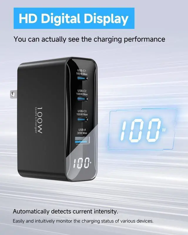 Alt view image 4 of 5 - TOPADRE 100W USB C Charger Fast Charger with 2M 100W Cable, 4-Port GaN III PD C harger, HD Display, Foldable Plug, FCC UL Certified, for iPhone, iPad, Galaxy S24, MacBook, Dell and More, Black