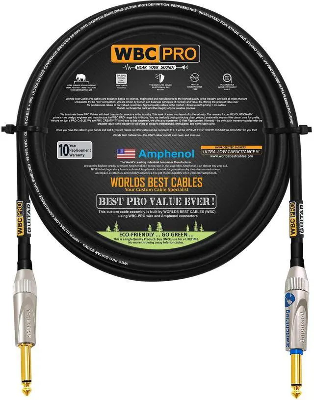 Main image of 12 Foot - WBC-PRO-Guitar 20 AWG - Low-Cap (18pF/ft) Pro-Grade Graphite-Based - Dual-Shielded Guitar Bass Instrument Cable w/Amphenol Straight - Straight (Silent) Inch (6.35mm) Gold TS Plugs