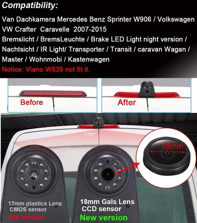 Alt view image 3 of 5 - 1280 * 720 Pixels Car Third Roof Brake Lamp Rear View Backup Camera Replacement for VW Crafter Caravelle 2007-2015 Mercedes Benz Sprinter W906 Waterproof Night Vision Parking Reverse Camera