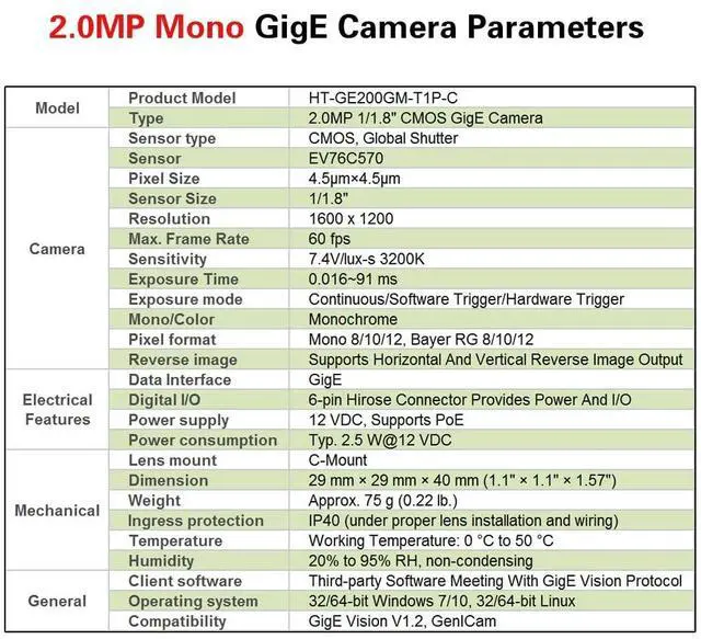 Alt view image 5 of 5 - HTENG VISHI Gigabit GigE Ethernet 2.0MP 1/1.8" Monochrome Global Shutter Industrial Camera Machine Vision C Mouth CMOS Area Scan Camera 1600X1200 60FPS Indoor