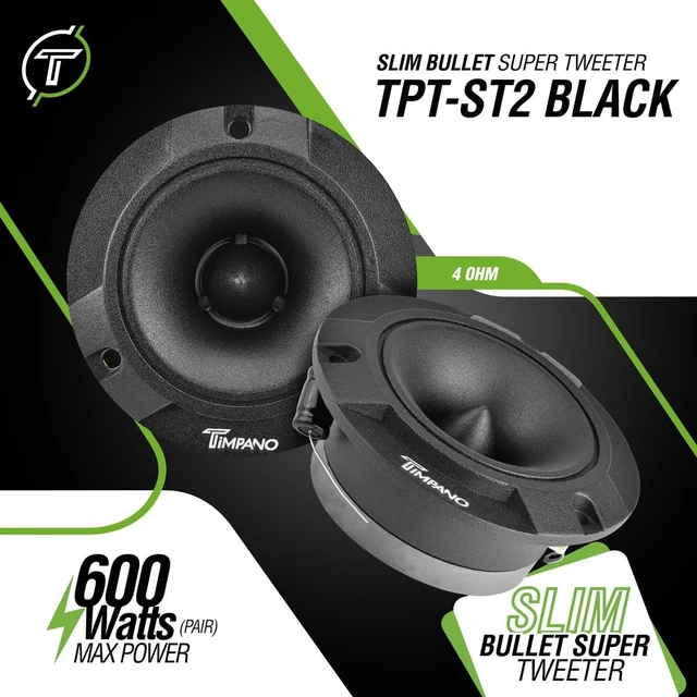 Alt view image 2 of 5 - Timpano TPT-ST2 Black Slim Super Tweeter, 600 Watts 4 Ohm, 105 dB, 1 in Voice Coil, 3.85 inch Pro Car Sound System Bullet Tweeters (Pair)