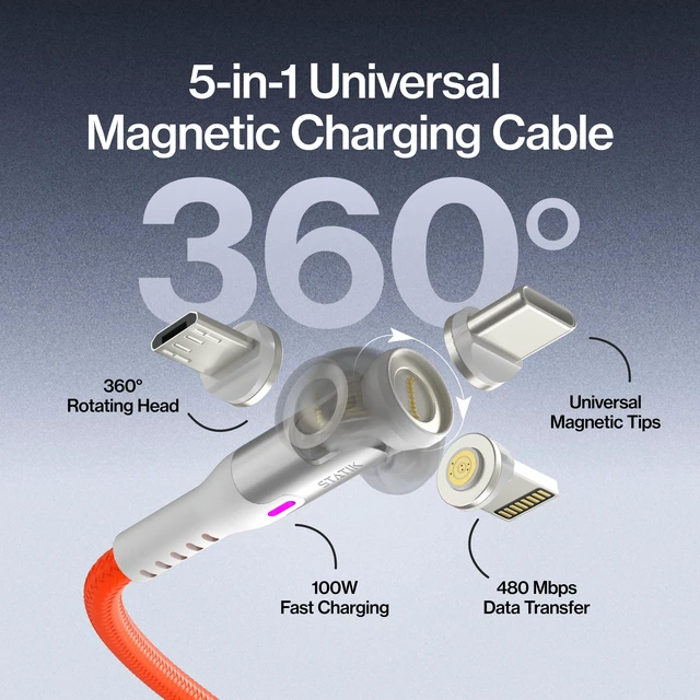 Alt view image 2 of 5 - Statik 360 Pro Magnetic Charging Cable, USB-C Micro-USB iProduct Tips 100W