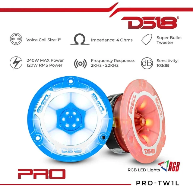 Alt view image 2 of 5 - DS18 PRO-TW1L RGB Alluminum Super Bullet Tweeter - 1" Voice Coil, Polycarbonate Body and Bullet, 400W Max, 200W Rms, 4 Ohms, Built in Crossover - Pro Tweeters are The Best (2 Speakers)