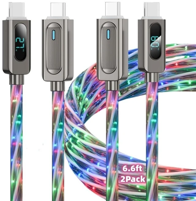 Main image of Light Up USB-C Cable 2Pack 6.6ft LED Charger RGB USBC to USBC Charging Cord