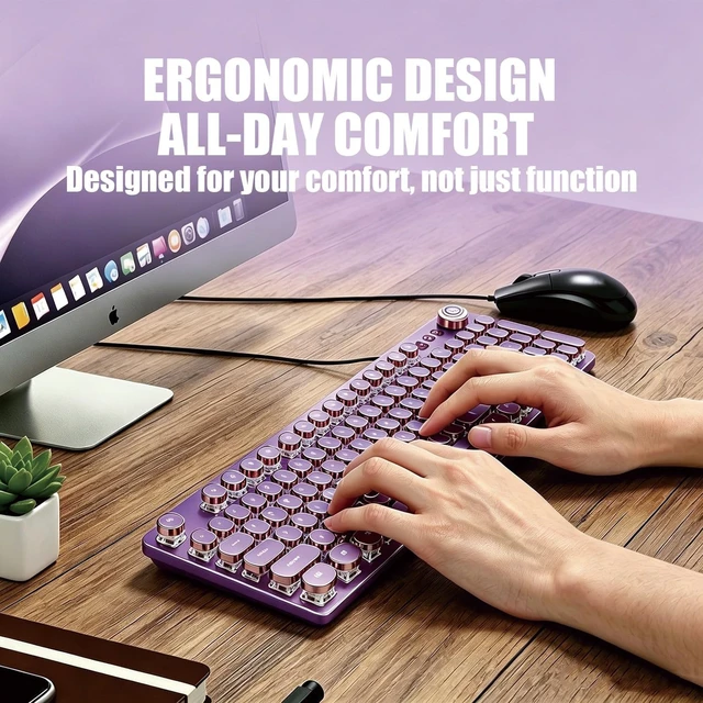 Alt view image 2 of 5 - Hnjugfe Purple Retro Typewriter Keyboard, 104 Keys Wired USB with Round Keycaps, LED Backlit, for PC Laptop Mac Windows