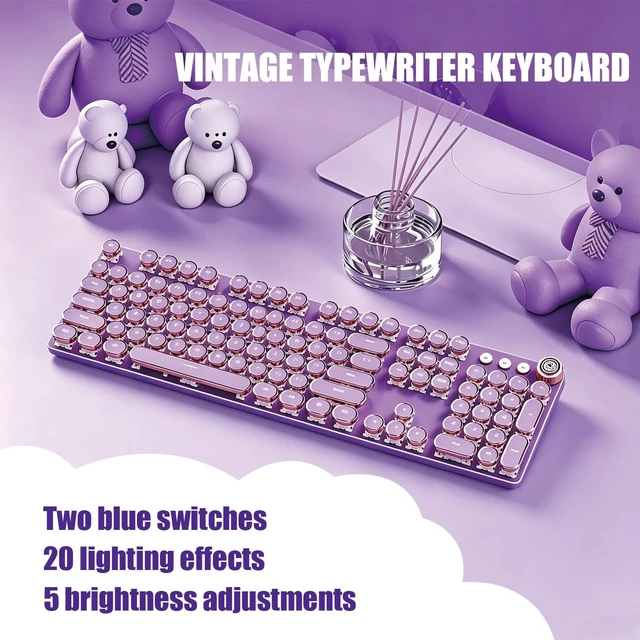 Alt view image 4 of 5 - Hnjugfe Purple Retro Typewriter Keyboard, 104 Keys Wired USB with Round Keycaps, LED Backlit, for PC Laptop Mac Windows