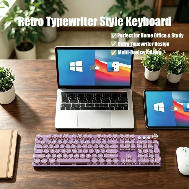 Alt view image 5 of 5 - Hnjugfe Purple Retro Typewriter Keyboard, 104 Keys Wired USB with Round Keycaps, LED Backlit, for PC Laptop Mac Windows