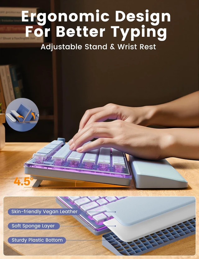 Alt view image 3 of 5 - Wireless Keyboard and Mouse Combo - 9 Backlit Effects, Wrist Rest, Double-Shot Keycaps, Metal Panel, Long-Lasting Rechargeable, 2.4G Keyboard Mouse Set for Windows Mac PC Laptop Sablute (Purpl