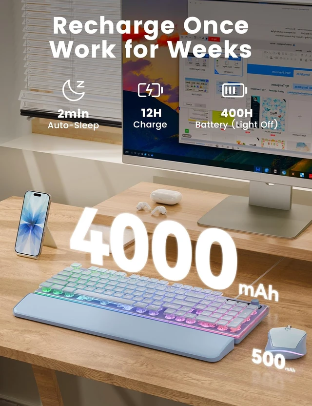 Alt view image 4 of 5 - Wireless Keyboard and Mouse Combo - 9 Backlit Effects, Wrist Rest, Double-Shot Keycaps, Metal Panel, Long-Lasting Rechargeable, 2.4G Keyboard Mouse Set for Windows Mac PC Laptop Sablute (Purpl