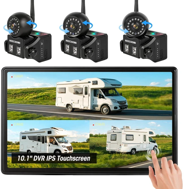 Main image of HEECOOMI 3 Magnetic Solar Wireless Backup Camera, 360 Rotating Lens + 10.1" HD Touchscreen DVR, 3x10000mAh Rechargeable IR Rear+Side-View Cameras, Auto-Sleep & Waterproof for RV/Truck/Trailer,