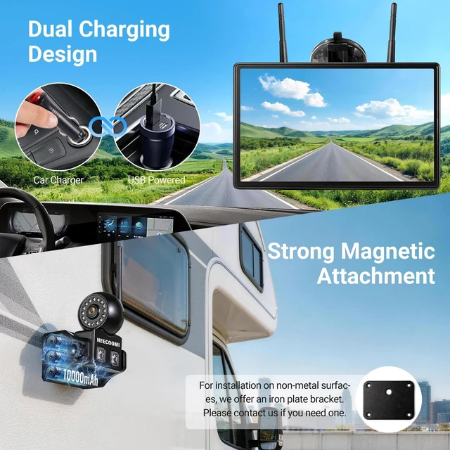 Alt view image 4 of 5 - HEECOOMI 3 Magnetic Solar Wireless Backup Camera, 360 Rotating Lens + 10.1" HD Touchscreen DVR, 3x10000mAh Rechargeable IR Rear+Side-View Cameras, Auto-Sleep & Waterproof for RV/Truck/Trailer,