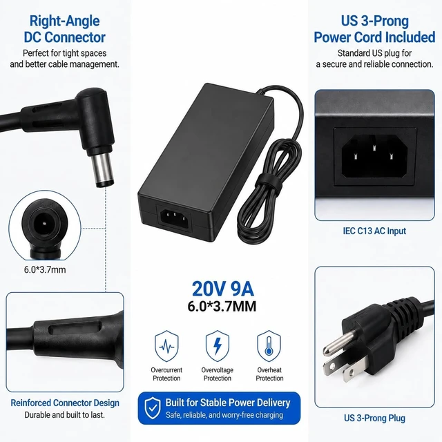 Alt view image 3 of 5 - 180W 20V 9A Laptop Charger Replacement for ASUS ROG Zephyrus G14 G15 TUF Gaming F15 F17, 6.0x3.7mm AC Adapter Power Supply Cord