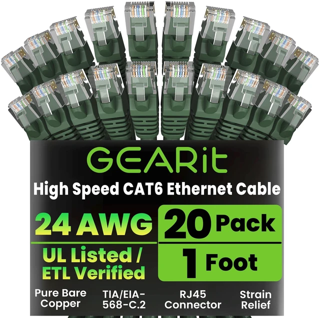 Main image of GEARit Cat6 Patch Cables Cat 6 Ethernet Cable 1 ft 20-Pack Green