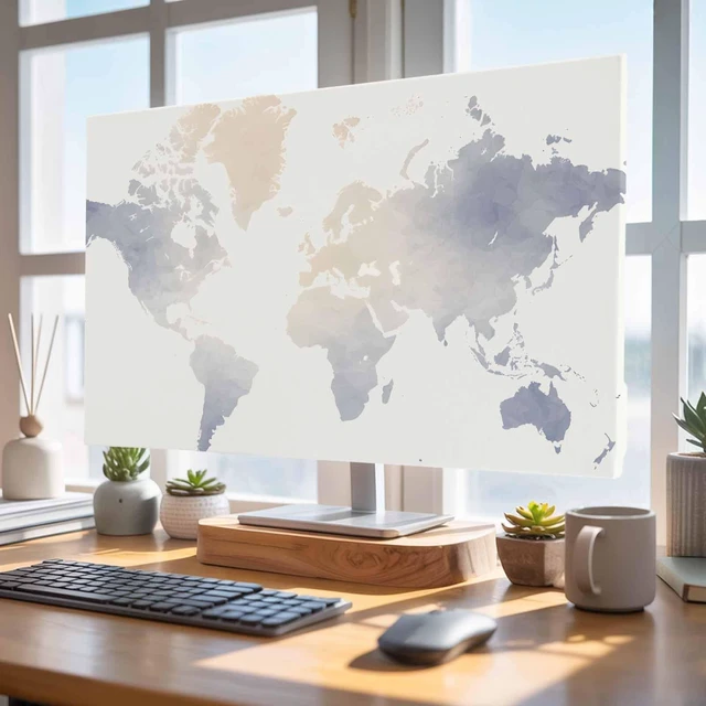 Alt view image 4 of 5 - TV Cover for 65 inch Screen Soft Watercolor World Map Washable Stretch Fabric TV Cover, Minimalist Travel Art Print Reusable Television Screen Covers for Sofa Living Room Home Decor
