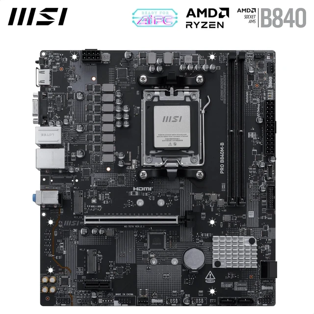 Alt view image 2 of 5 - MSI PRO B840M-B Motherboard, mATX - Supports AMD Ryzen 9000/8000 / 7000 Processors, AM5 - DDR5 Memory Boost (8000+ MT/s OC), PCIe 4.0 x16, M.2 Gen4, 2.5G LAN