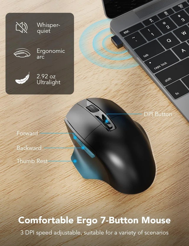 Alt view image 5 of 5 - Wireless Keyboard and Mouse Combo, Full Size Ergonomic Wave Keys, USB-A/C