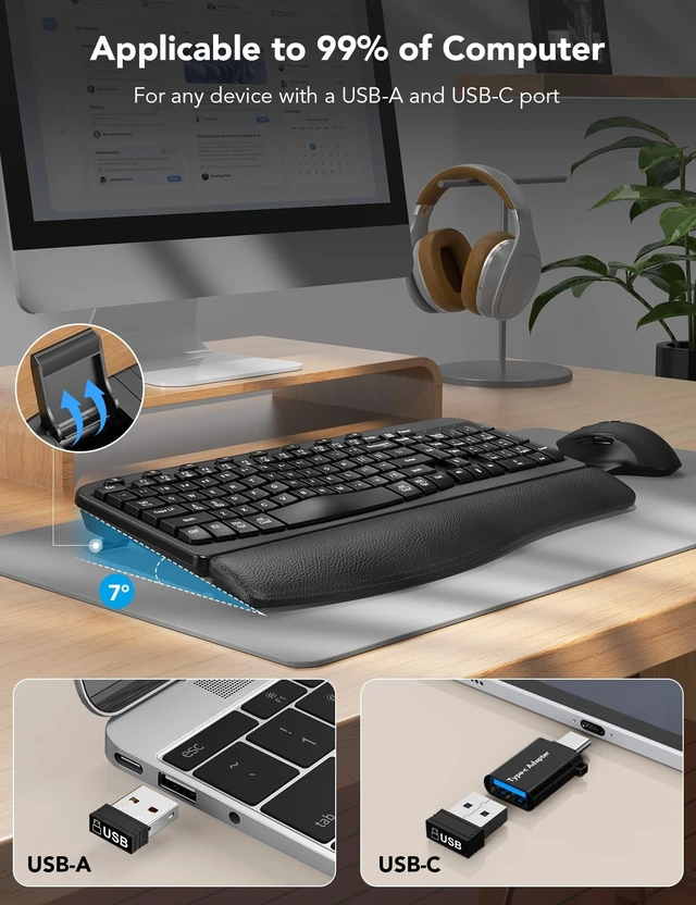 Alt view image 4 of 5 - Wireless Keyboard and Mouse Combo, Full Size Ergonomic Wave Keys, USB-A/C