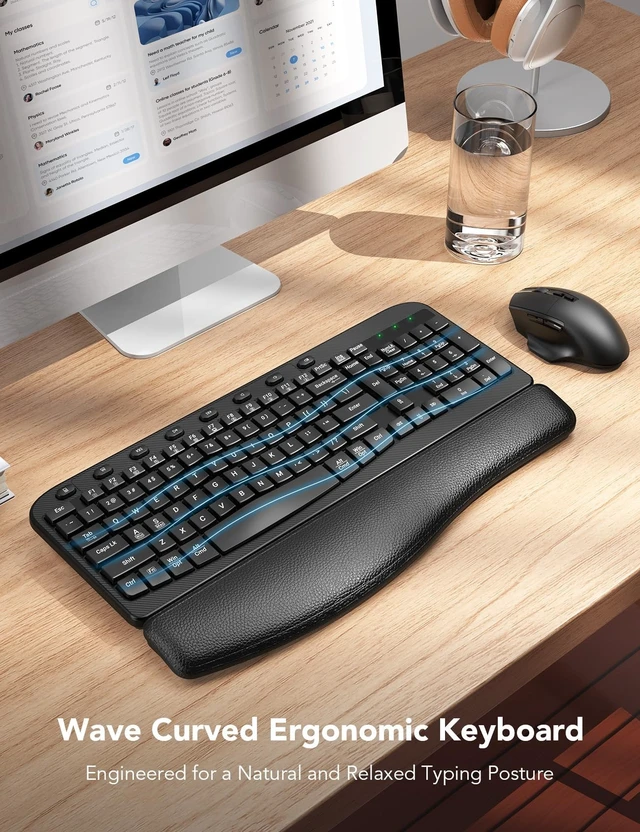 Alt view image 2 of 5 - Wireless Keyboard and Mouse Combo, Full Size Ergonomic Wave Keys, USB-A/C