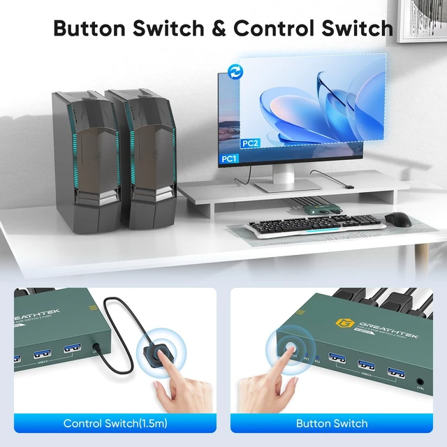 Alt view image 5 of 5 - KVM Switch 1 Monitors 2 Computers Displayport 8K@60Hz, USB3.0 KVM Switch Displayport with 3 USB 3.0 Ports EDID Adaptive Sharing Mouse Keyboard and Monitor Plug and Play
