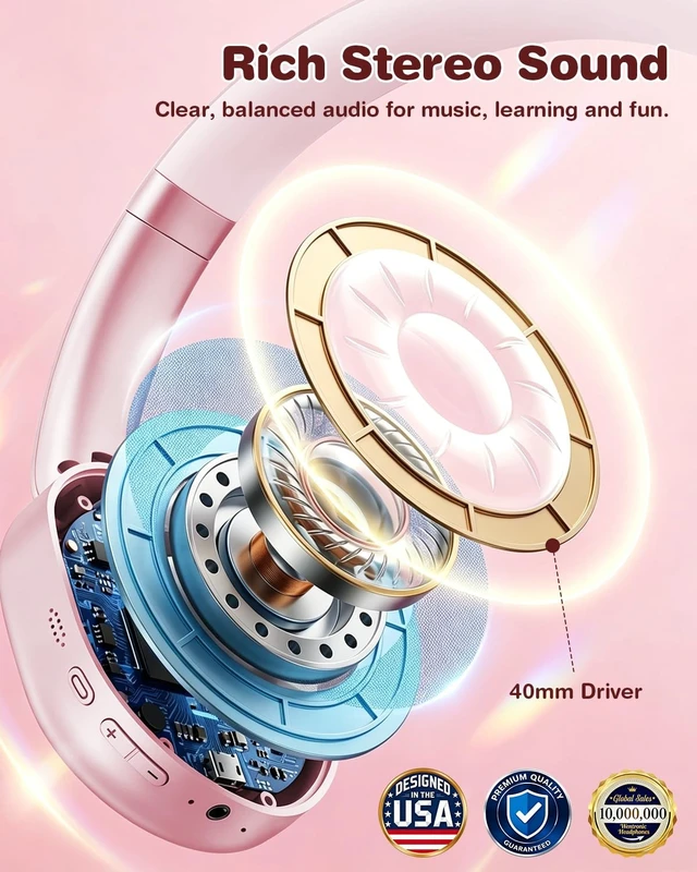 Alt view image 4 of 5 - Wentronic Kids Headphones Wireless Bluetooth 5.4,Foldable Over Ear Headphones with 3.5mm Wired Mode,Safe Volume Limit,48H Playtime,Clear Calls,HD Sound for Toddlers/Children/School/Travel,Pink