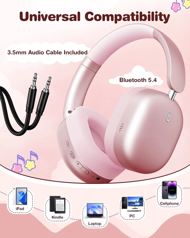 Alt view image 3 of 5 - Wentronic Kids Headphones Wireless Bluetooth 5.4,Foldable Over Ear Headphones with 3.5mm Wired Mode,Safe Volume Limit,48H Playtime,Clear Calls,HD Sound for Toddlers/Children/School/Travel,Pink