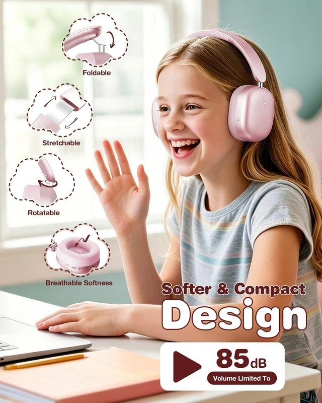 Alt view image 5 of 5 - Wentronic Kids Headphones Wireless Bluetooth 5.4,Foldable Over Ear Headphones with 3.5mm Wired Mode,Safe Volume Limit,48H Playtime,Clear Calls,HD Sound for Toddlers/Children/School/Travel,Pink