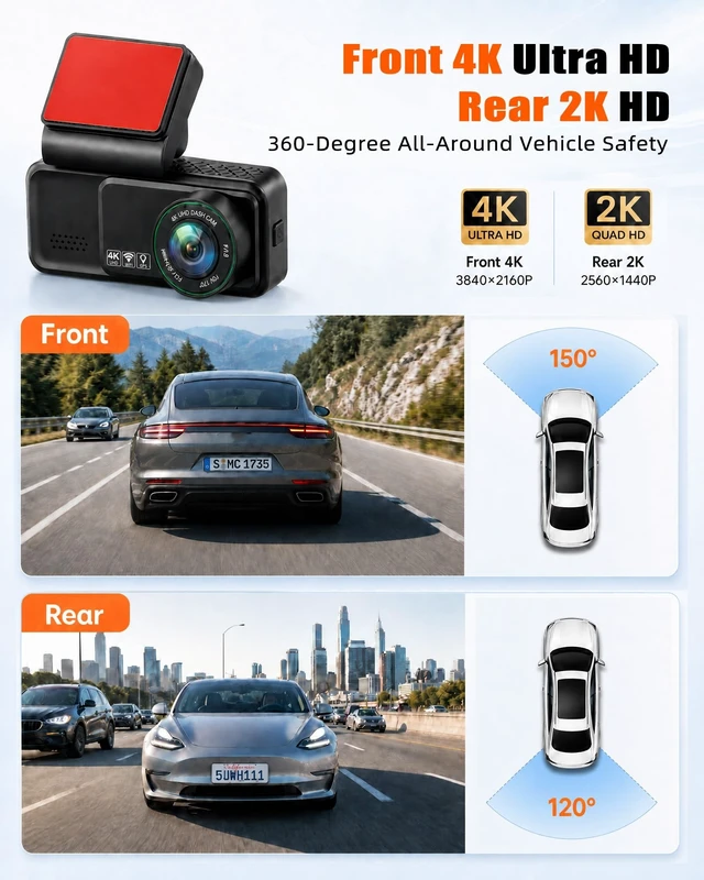 Alt view image 3 of 5 - 4K+2K Dual Dash Cam Front and Rear, 3.16" 2 Channel Car Dash Camera for Cars, Dashcam with GPS, 5GHz WiFi and App Control,ADAS,Parking Monitor, G-Sensor,Night Vision, Loop Recording