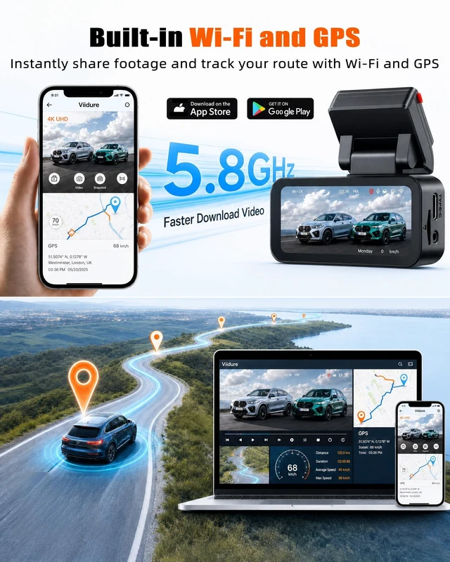 Alt view image 4 of 5 - 4K+2K Dual Dash Cam Front and Rear, 3.16" 2 Channel Car Dash Camera for Cars, Dashcam with GPS, 5GHz WiFi and App Control,ADAS,Parking Monitor, G-Sensor,Night Vision, Loop Recording