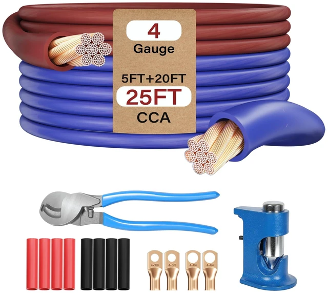 Main image of 4 AWG Gauge Battery Cable Wire Kit 20 Ft Blue+5 Ft Brown, Primary Automotive Power & Ground Wire CCA All-in-One Set,Soft for Car Audio RV Amp Marine Inverter +Lugs, Heat Shrink, Cutter &Crimping Tool