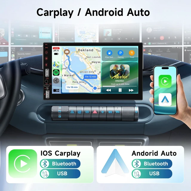 Alt view image 2 of 5 - Single DIN Touch Screen Car Stereo with Wireless Carplay and Android Auto Mirror Link, Driauto 7 Inch 1 DIN Car Radio with Bluetooth FM EQ Steering Wheel Control Backup Cam Online Video USB AUX