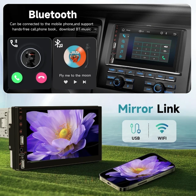 Alt view image 3 of 5 - Single DIN Touch Screen Car Stereo with Wireless Carplay and Android Auto Mirror Link, Driauto 7 Inch 1 DIN Car Radio with Bluetooth FM EQ Steering Wheel Control Backup Cam Online Video USB AUX