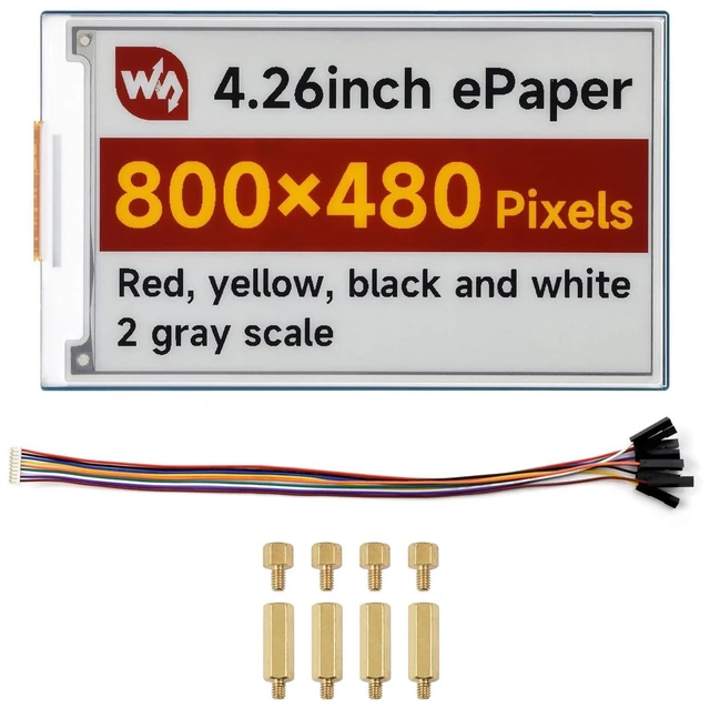 Main image of Waveshare 4.26inch E-Paper Display (G), 800 480 Resolution, Red/Yellow/Black/White, SPI Communication Interface, Standard Raspberry Pi 40PIN GPIO Header, with Driver Board