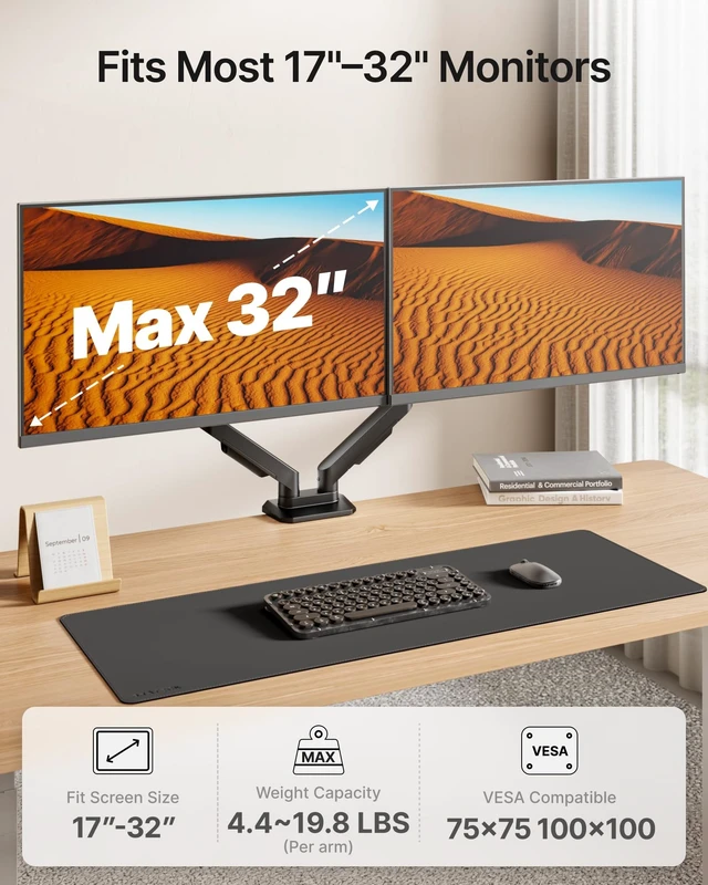 Alt view image 3 of 5 - monTEK Dual Monitor Mount Monitor Arms for 17-32" Screen
