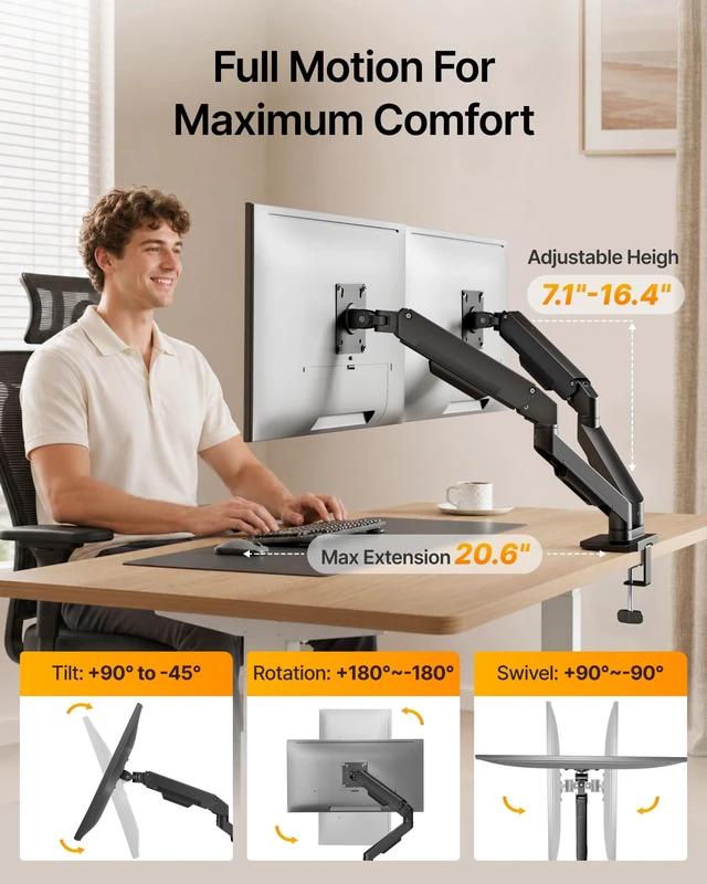Alt view image 4 of 5 - monTEK Dual Monitor Mount Monitor Arms for 17-32" Screen