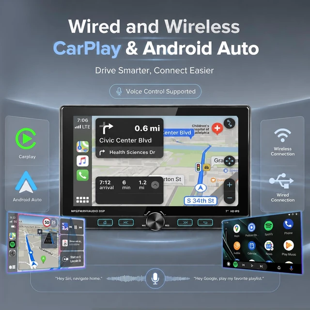 Alt view image 2 of 5 - Volxcereo 7 inch Single Din Stereo with Wireless Carplay & Android Auto
