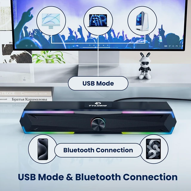 Alt view image 4 of 5 - Tylubio Computer Speakers for Pc Desktop with Clear Sound, Flowing LED PC Speaker for Computer Desktop Laptop Monitor, Bluetooth & USB Input