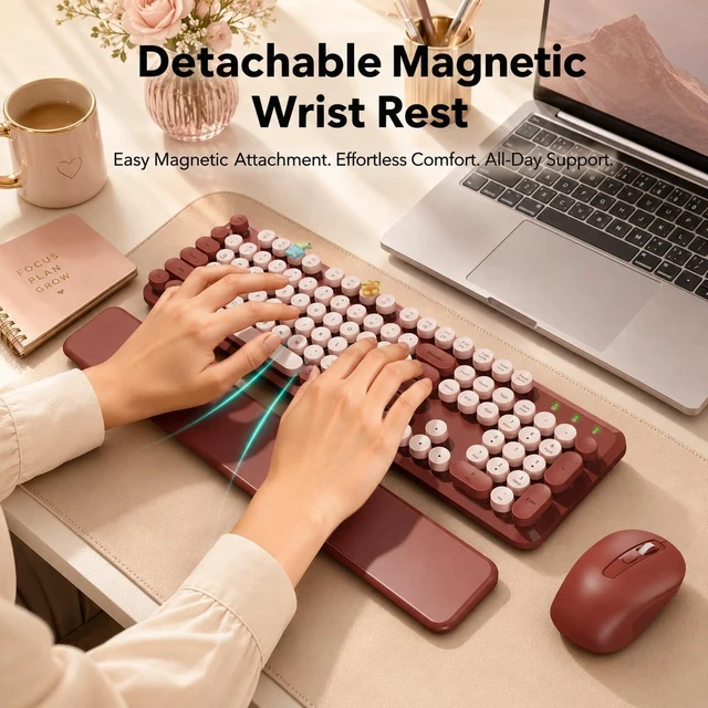 Alt view image 2 of 5 - SABLUTE Wireless Keyboard Mouse Combo, Burgundy Red, Magnetic Wrist Rest