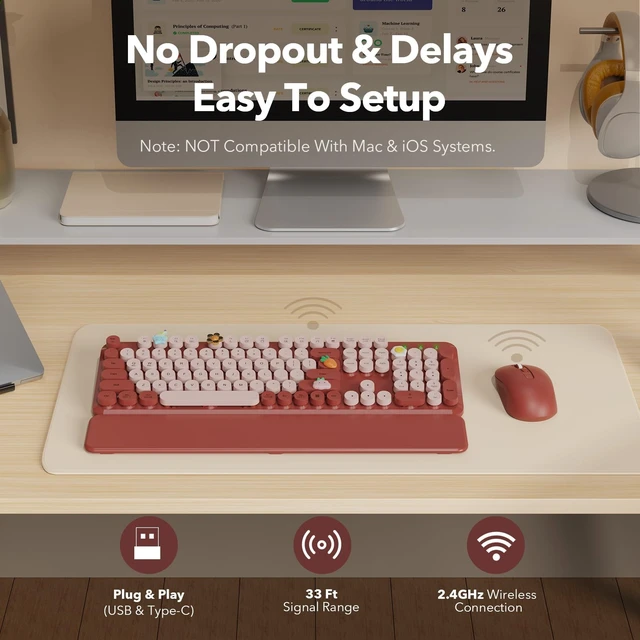 Alt view image 5 of 5 - SABLUTE Wireless Keyboard Mouse Combo, Burgundy Red, Magnetic Wrist Rest