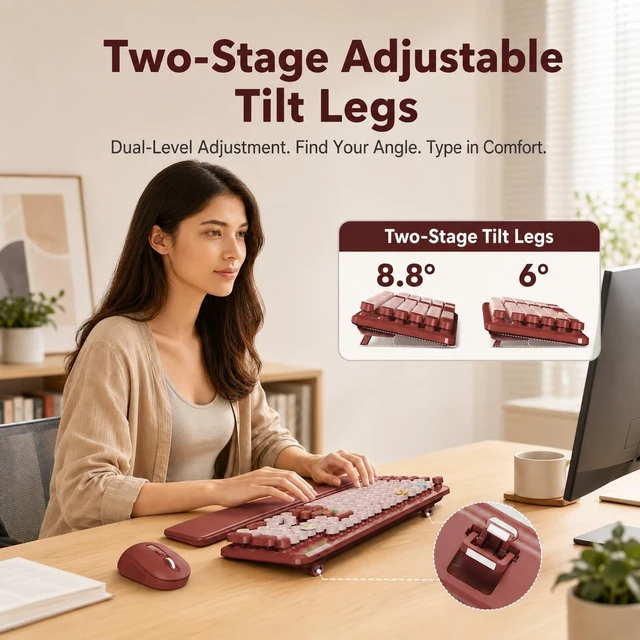 Alt view image 4 of 5 - SABLUTE Wireless Keyboard Mouse Combo, Burgundy Red, Magnetic Wrist Rest