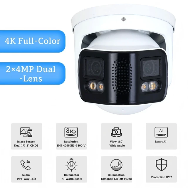 Alt view image 2 of 5 - GemaVision Full-Color Duo Splicing IP Camera Dual 1/1.8" CMOS 24MP Imaging,180 Wide Angle Built-in Mic and Speaker, IP POE Camera IPC-Color4K-T180 White
