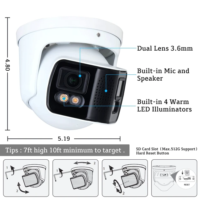 Alt view image 5 of 5 - GemaVision Full-Color Duo Splicing IP Camera Dual 1/1.8" CMOS 24MP Imaging,180 Wide Angle Built-in Mic and Speaker, IP POE Camera IPC-Color4K-T180 White