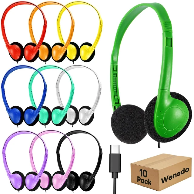 Main image of Wensdo USB C Kids Headphones Bulk for Classroom School 10 Pack, Wired On-Ear Type C Headset for Students Compatible with Chromebook Laptop PC Tablet Smartphones (HY857C, 10 Mixed)