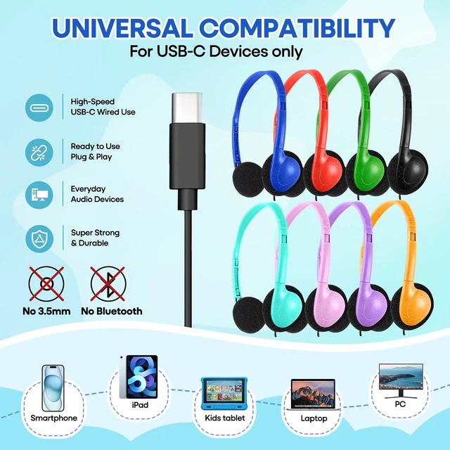 Alt view image 5 of 5 - Wensdo USB C Kids Headphones Bulk for Classroom School 10 Pack, Wired On-Ear Type C Headset for Students Compatible with Chromebook Laptop PC Tablet Smartphones (HY857C, 10 Mixed)