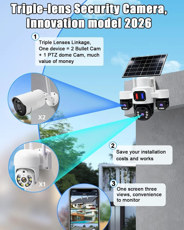 Alt view image 2 of 5 - Baepeish 3-Lens Wireless Outdoor Camera for Home Security (3-Lens Black)