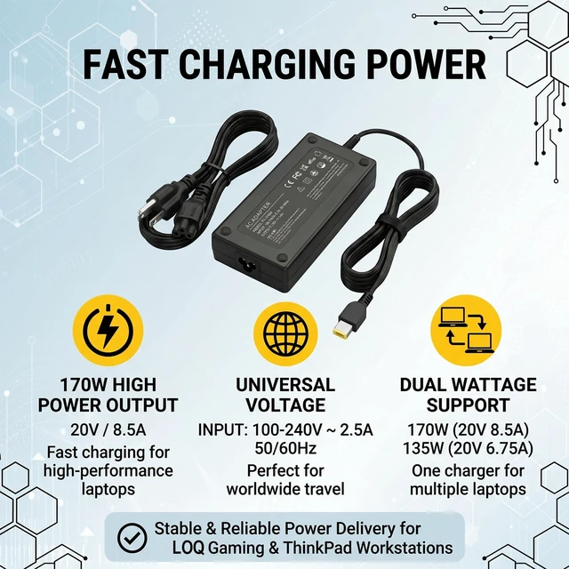 Alt view image 4 of 5 - 170W Charger for Lenovo LOQ 15/16 Gaming Laptop (15IRX9 /16APH8 /16IRH8)