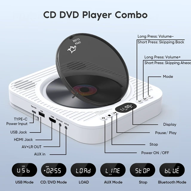 Alt view image 2 of 5 - Mini CD DVD Player for TV - Portable Bluetooth CD DVD Player with HDMI & AV Cables, Built-in Speakers, USB/AUX Playback, 1080P Upscaling, Wall-Mountable Compact Desktop Player for Home