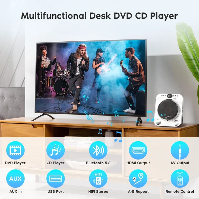 Alt view image 3 of 5 - Mini CD DVD Player for TV - Portable Bluetooth CD DVD Player with HDMI & AV Cables, Built-in Speakers, USB/AUX Playback, 1080P Upscaling, Wall-Mountable Compact Desktop Player for Home