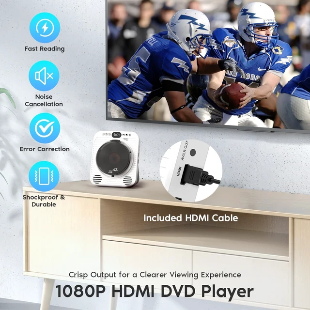 Alt view image 4 of 5 - Mini CD DVD Player for TV - Portable Bluetooth CD DVD Player with HDMI & AV Cables, Built-in Speakers, USB/AUX Playback, 1080P Upscaling, Wall-Mountable Compact Desktop Player for Home